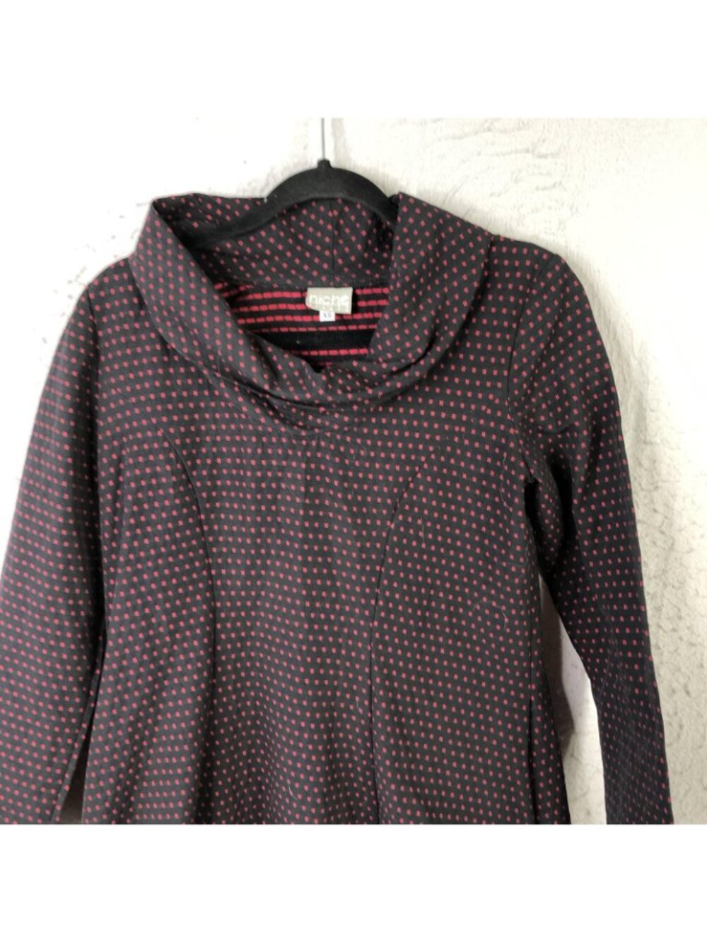 Niche Dress Womens XS Black Geometric Cowl Neck Sweater Shift Pockets 3/4 Sleeve - Picture 10 of 13